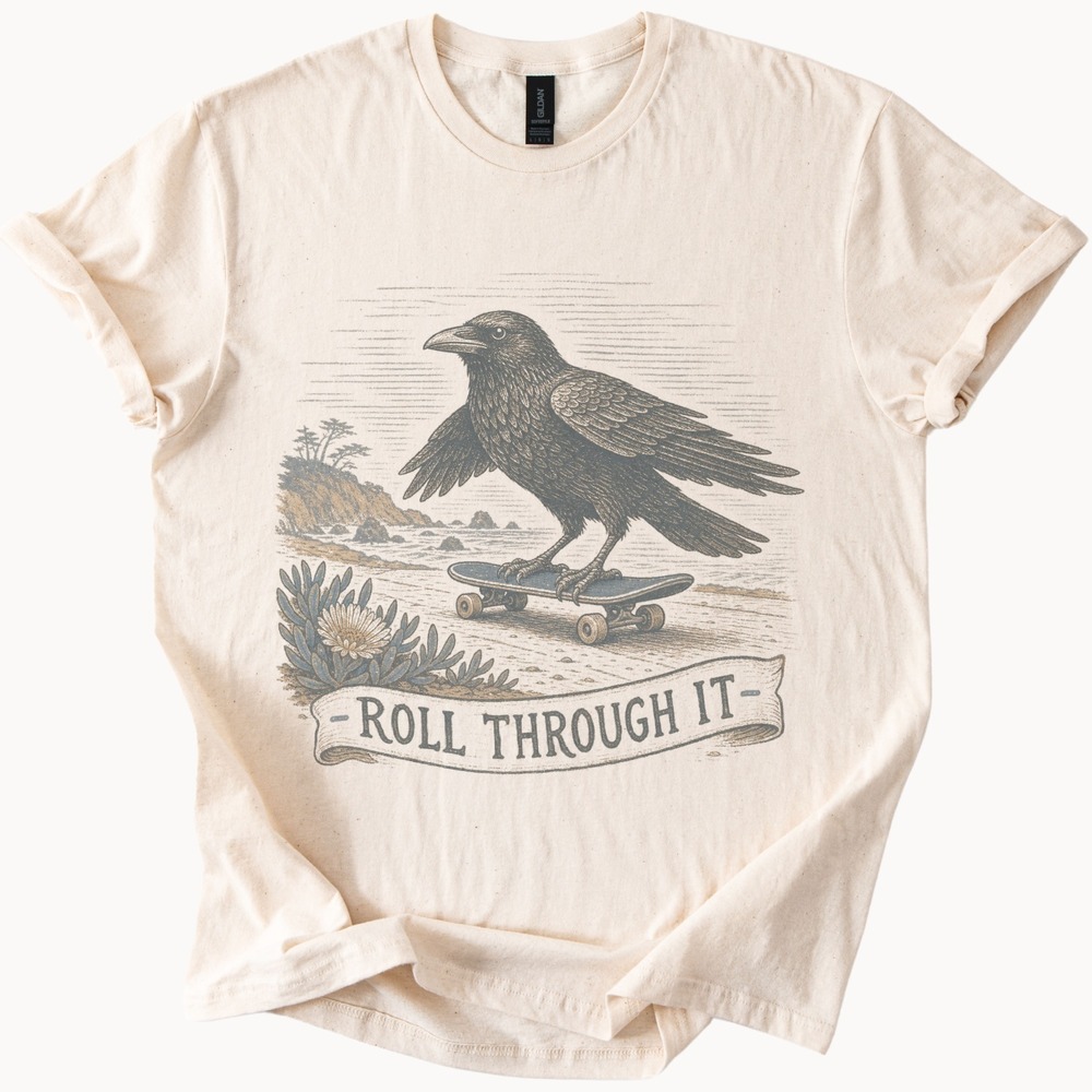 Skateboarding Bird Coastal Graphic Tee Vintage Engraving Art